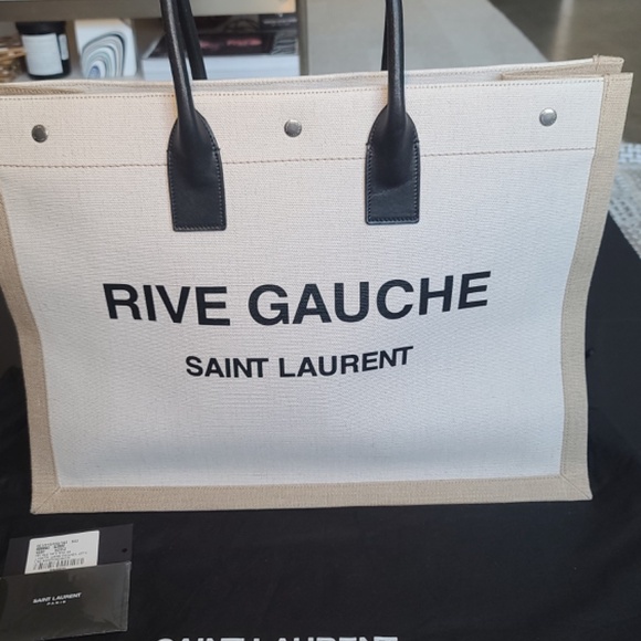 USED ONLY TWICE - RIVE GAUCHE 'LARGE' TOTE BAG IN PRINTED CANVAS AND LEATHER - Picture 4 of 17